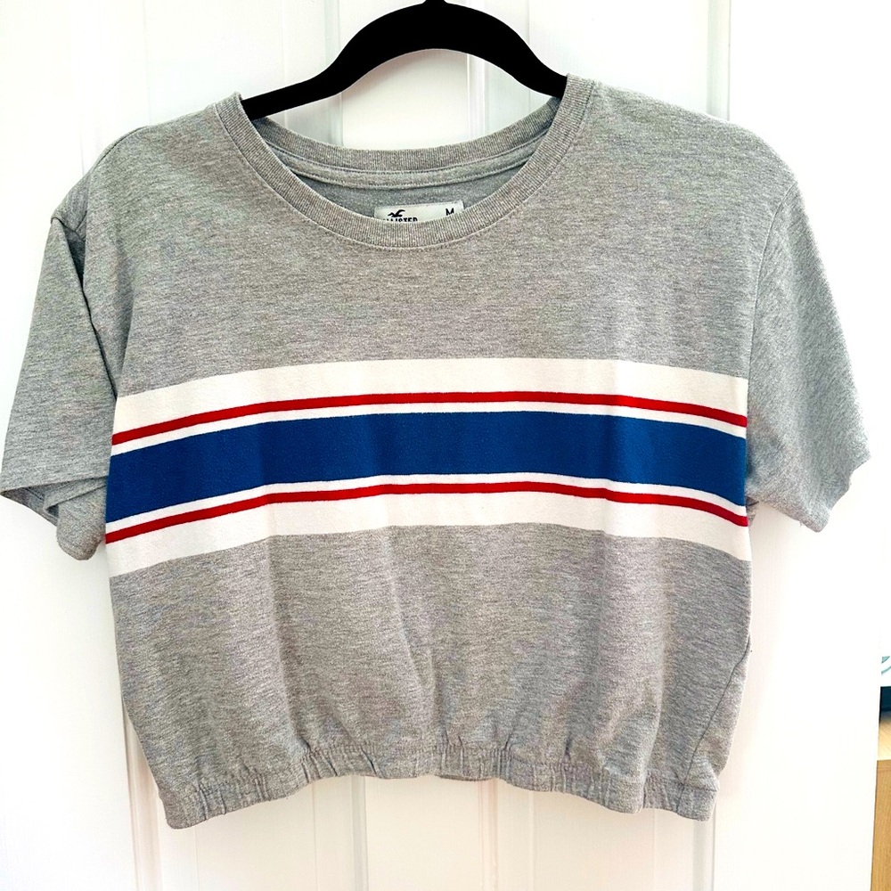 Hollister Crop Tee Gray with RWB Stripe M